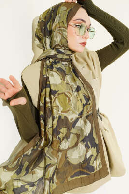 Vintage Ebruli Bambu Kraş Şal Haki - Başörtüsü