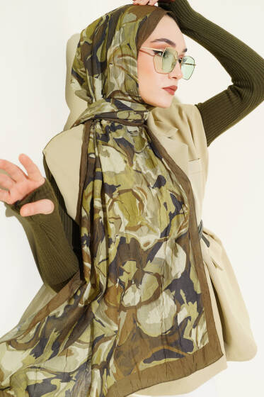 Vintage Ebruli Bambu Kraş Şal Haki - Başörtüsü