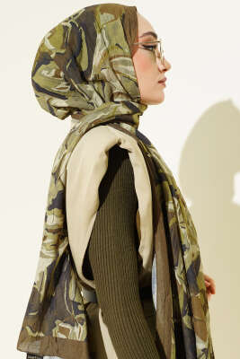 Vintage Ebruli Bambu Kraş Şal Haki - Başörtüsü