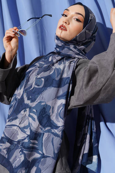 Vintage Ebruli Bambu Kraş Şal İndigo - Başörtüsü