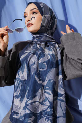 Vintage Ebruli Bambu Kraş Şal İndigo - Başörtüsü