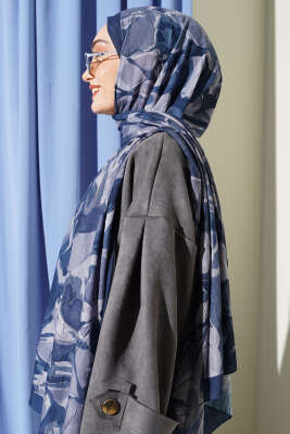 Vintage Ebruli Bambu Kraş Şal İndigo - Başörtüsü