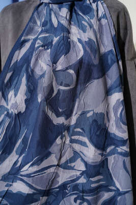 Vintage Ebruli Bambu Kraş Şal İndigo - Başörtüsü