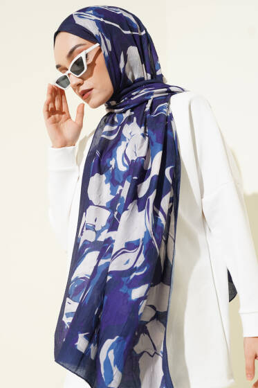 Vintage Ebruli Bambu Kraş Şal Lacivert - Başörtüsü