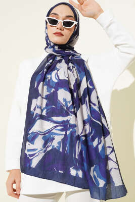 Vintage Ebruli Bambu Kraş Şal Lacivert - Başörtüsü