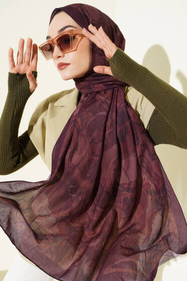 Vintage Ebruli Bambu Kraş Şal Mürdüm - Başörtüsü