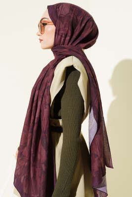 Vintage Ebruli Bambu Kraş Şal Mürdüm - Başörtüsü