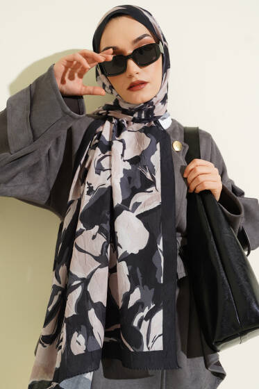 Vintage Ebruli Bambu Kraş Şal Siyah - Başörtüsü