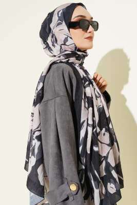Vintage Ebruli Bambu Kraş Şal Siyah - Başörtüsü