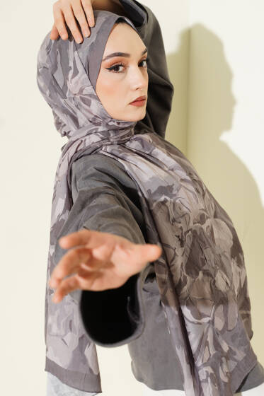 Vintage Ebruli Bambu Kraş Şal Taş Gri - Başörtüsü