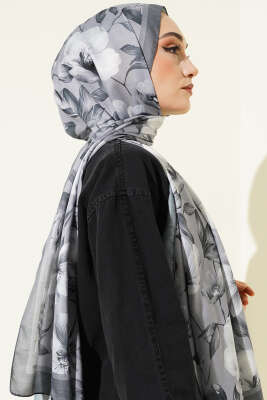 Vintage Flowers Şal Gri - Başörtüsü