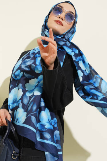 Vintage Flowers Şal Lacivert - Başörtüsü