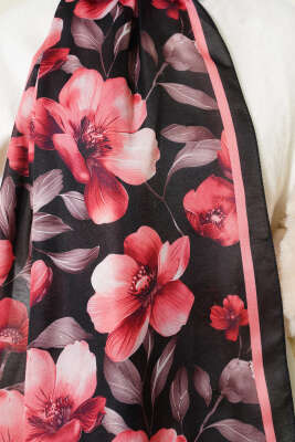 Vintage Flowers Şal Siyah - Başörtüsü