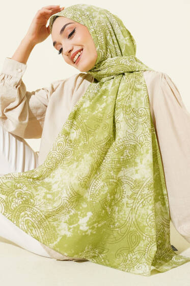 Vintage Gül Desenli Şal Çağla Yeşili - Başörtüsü