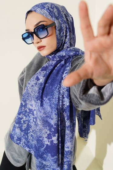 Vintage Gül Desenli Şal Lacivert - Başörtüsü