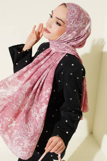 Vintage Gül Desenli Şal Pembe - Başörtüsü