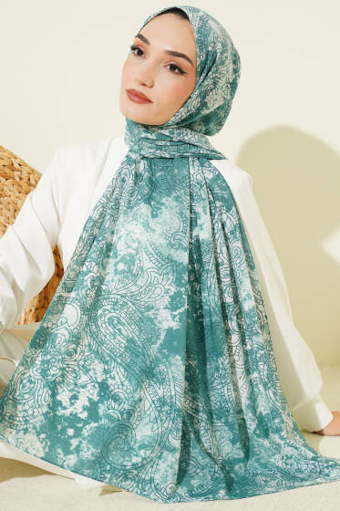 Vintage Gül Desenli Şal Petrol Yeşili - Başörtüsü