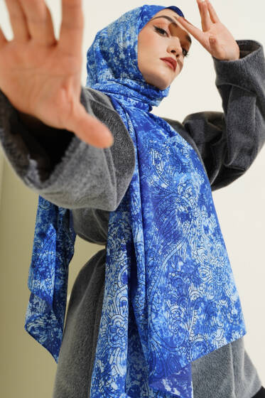 Vintage Gül Desenli Şal Saks - Başörtüsü