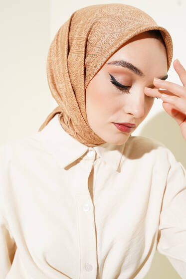 Vintage Motifli Eşarp Hardal - Başörtüsü