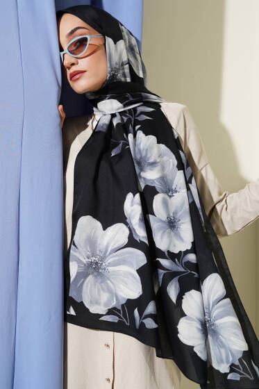 Vintage Rose Desen Şal Antrasit-01 - Başörtüsü