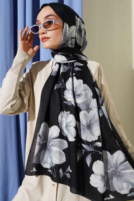 Vintage Rose Desen Şal Antrasit-01 - Başörtüsü
