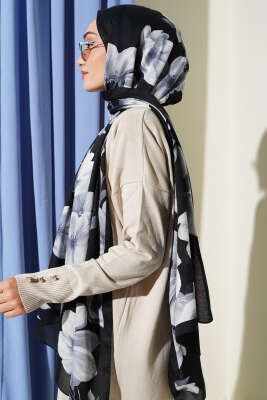 Vintage Rose Desen Şal Antrasit-01 - Başörtüsü