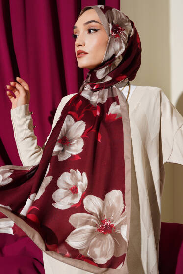 Vintage Rose Desen Şal Bordo-02 - Başörtüsü