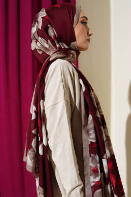 Vintage Rose Desen Şal Bordo-02 - Başörtüsü