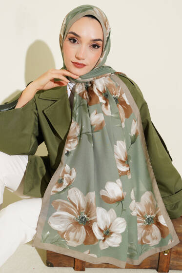 Vintage Rose Desen Şal Çağla Yeşili -04 - Başörtüsü