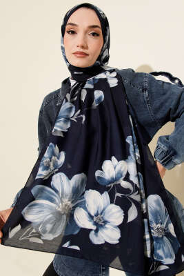 Vintage Rose Desen Şal Lacivert-06 - Başörtüsü