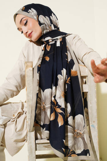 Vintage Rose Desen Şal Lacivert Taş -10 - Başörtüsü