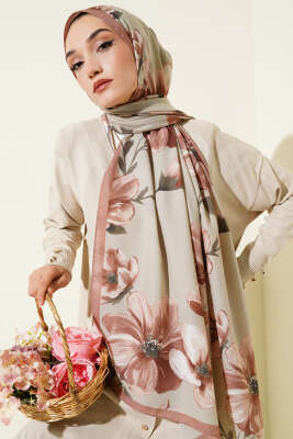 Vintage Rose Desen Şal Latte -03 