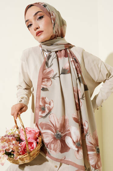 Vintage Rose Desen Şal Latte -03 - Başörtüsü