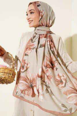 Vintage Rose Desen Şal Latte -03 - Başörtüsü
