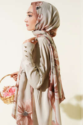 Vintage Rose Desen Şal Latte -03 - Başörtüsü