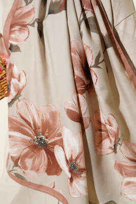 Vintage Rose Desen Şal Latte -03 - Başörtüsü