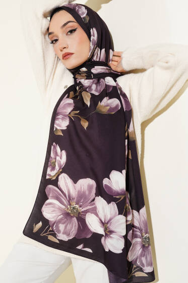 Vintage Rose Desen Şal Mürdüm -15 - Başörtüsü