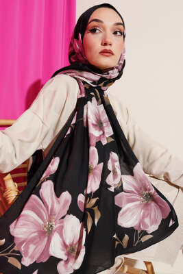 Vintage Rose Desen Şal Siyah -14 