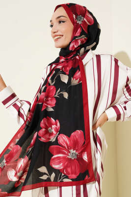 Vintage Rose Desen Şal Siyah Bordo-08 - Başörtüsü