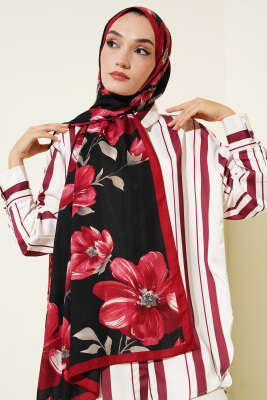 Vintage Rose Desen Şal Siyah Bordo 