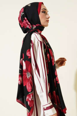 Vintage Rose Desen Şal Siyah Bordo - Başörtüsü