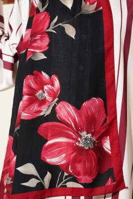 Vintage Rose Desen Şal Siyah Bordo - Başörtüsü