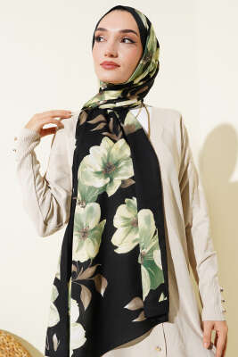 Vintage Rose Desen Şal Siyah Yeşil-16 - Başörtüsü