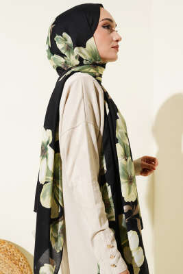 Vintage Rose Desen Şal Siyah Yeşil-16 - Başörtüsü
