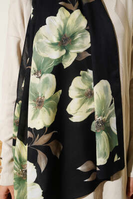 Vintage Rose Desen Şal Siyah Yeşil-16 - Başörtüsü