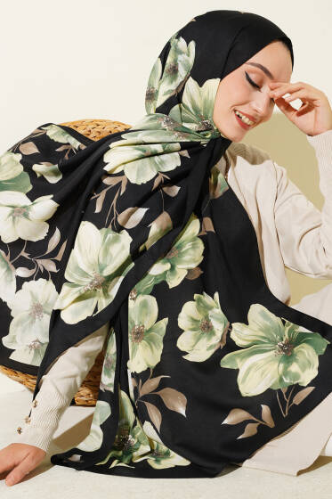 Vintage Rose Desen Şal Siyah Yeşil-16 - Başörtüsü