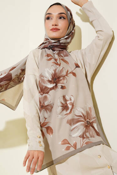 Vintage Rose Desen Şal Soft Kahve-07 - Başörtüsü