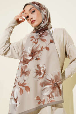 Vintage Rose Desen Şal Soft Kahve-07 - Başörtüsü