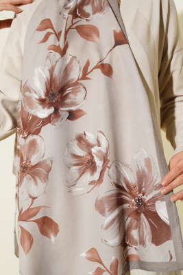 Vintage Rose Desen Şal Soft Kahve-07 - Başörtüsü