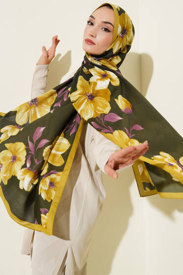 Vintage Rose Desen Şal Yağ Yeşili-13 - Başörtüsü